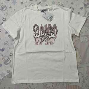 Ganni White Printed Crew Neck Short-Sleeve T-Shirt